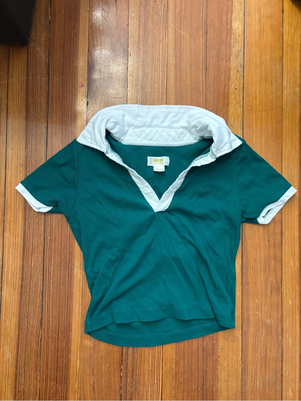 Maeve Green Polo-Style Short Sleeve Top with White Trim Size M